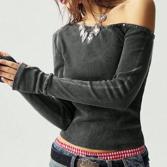 Grey Casual Women's Asymmetrical Neck  longSleeve T-Shirt top - Picture 3 of 6